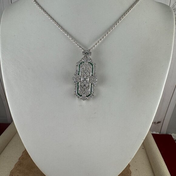 Roaring 20's Art Deco Reto Sterling Silver Lab Created Diamond & Emerald Pendant - Picture 3 of 13